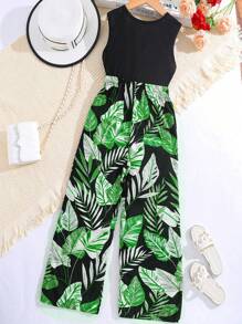 Sparklyn 2pcs Tween Girl Plain Crew Neck Sleeveless Top And Long Pants Set - Green - View 2