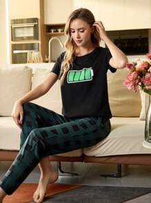 CoupledUp Women Round Neck Short Sleeve Simple Top And Long Pants Pajama Set - Black - View 2