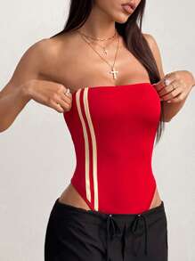 Lunelith SHEIN Lunessa Nowe wiosenno-letnie body bez ramiączek z wysokim rozcięciem i kontrastowym paskiem, sportowe, casualowe, uliczne, damskie