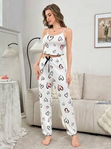 Bow Decor Waistband, Heart Print Cami And Long Pants Pajama Set Bowknot