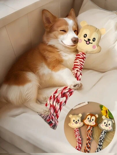 3-In-1 Chew-Resistant Puppy Teething Rope Toy With Squeaker - Indestructible Dental Floss Knots For Teddy Bichon Corgi Dogs, Boredom Buster Fetch Tug Game Pet Supply