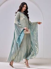 Al Najma 女士圆领长袖褶皱长款阿拉伯风格蝙蝠蝴蝶卡夫坦连衣裙，优雅奢华晚会风格，端庄 - 藍色 - 查看 4