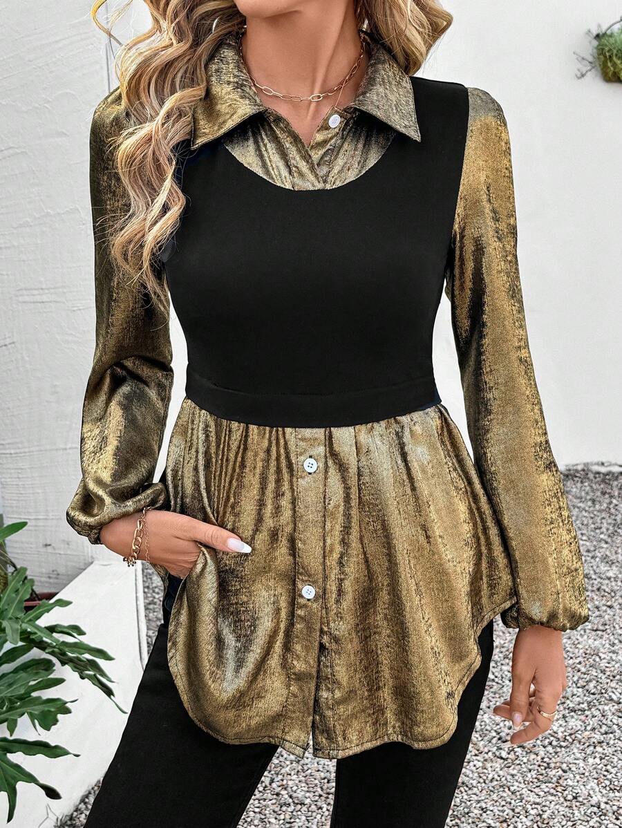 SHEIN LUNE 1 件女式二合一金箔灯笼袖衬衫 - 黑色和金色 - 查看 1