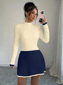 Calvaya New Autumn/Winter Retro Minimalist Splice Fitted Slim Knitted Sweater Dress For Women