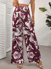 Chiquease Women Casual Vacation Wide Leg Pants With Tropical Print