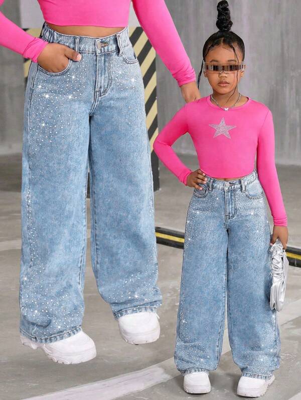 SHEIN Streecool Kids Vaqueros de pierna ancha con brillantes de strass para niña preadolescente, adecuados para el estilo diario de calle, paseo por la ciudad