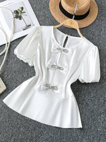 SHEIN Clasi Women's Elegant French Romantic Valentine's Day Solid Satin Rhinestone Bow Decor V-Neck Puff Sleeve Fitted Ruffle Hem Short Sleeve Blouse - White - View 1