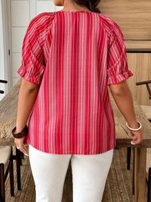 Weeklong Plus Size Striped Print Decorated Raglan Sleeve Shirt - Red and White - View 2