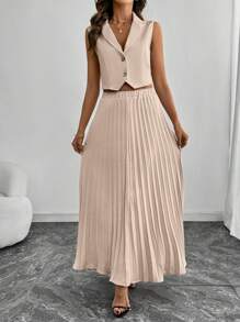 SHEIN Clasi Solid Color Minimalist Sleeveless Vest And Pleated Skirt 2 Pieces Set
