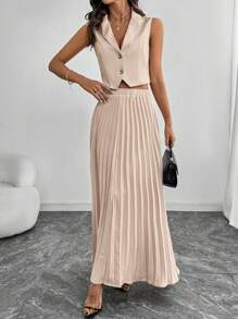 SHEIN Clasi Solid Color Minimalist Sleeveless Vest And Pleated Skirt 2 Pieces Set