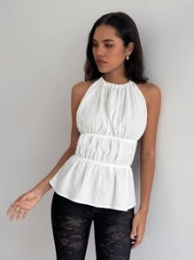 SHEIN Essnce Parte superior de mujer de halter con volante, de algodón puro blanco, para primavera y verano, para vacaciones, con espalda anudada, cintura fruncida, para la playa