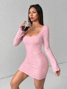 SHEIN PETITE Solid Scoop Neck Flare Sleeve Bodycon Dress