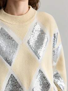 Ontre Suéter casual de primavera de uso diario con bloque de color, patrón de diamantes, bordado y decoración de lentejuelas en color albaricoque, estilo años 90 para mujer - Blanco - Ver 4