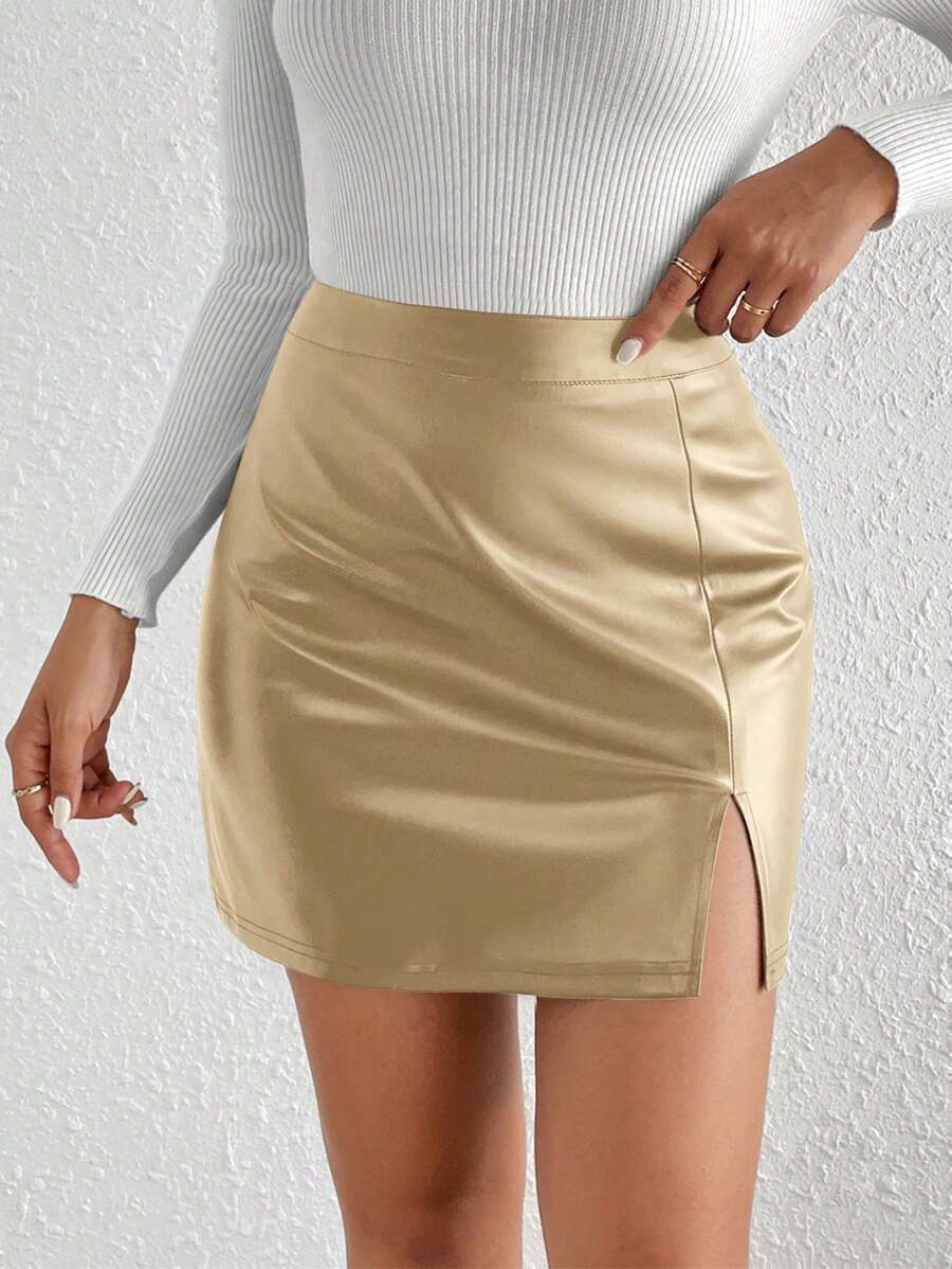 SHEIN Frenchy 开衩下摆 PU 紧身迷你黑色半身裙 - 金色 - 查看 1