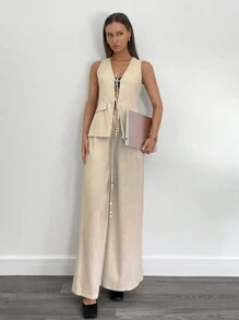 SHEIN Essnce 2 pièces Ensemble de gilet et pantalon casual pour femme avec nœud, tenue de bureau décontractée pour dames, affaires pour femmes, ensemble deux pièces pour femmes, vêtements en lin pour femmes, printemps
