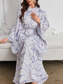 Al Najma 2025 春夏新款时尚印花宽松束腰修身土耳其长裙 - 白色 - 查看 6