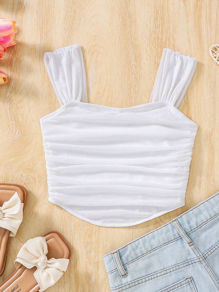 Tween Girls Cute White Summer Sweetheart Collar Romatic Solid Ruched Wide Strap Top,Back To School,French Elegance - White - View 1