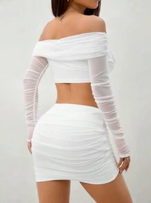 SHEIN PETITE Women Off Shoulder Long Sleeve Solid Color Mesh Patchwork Minimalist Top And Skirt 2 Pieces Set - White - View 2