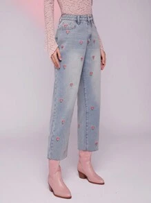 WESTFADE Summer Floral Embroidered High Rise Straight Leg Denim Jeans Country Concert  - Blue - View 4
