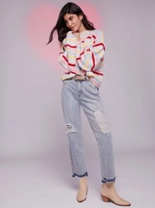 WESTFADE Jeans rectos de tiro alto con dobladillo escalonado y rotos, de primavera - Lavado ligero - Ver 3