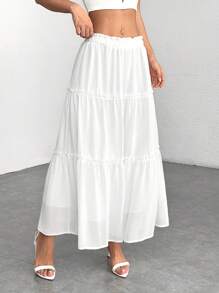 SHEIN PETITE Ruffle Skirt Boho Long Skirt Break Solid Frill Trim Ruffle Hem Skirt - White - View 6