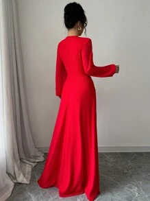 Elenzga Vestido de manga larga con cintura acampanada, fruncido y de tul rojo elegante y romántico para el Día de San Valentín
