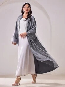 Al Najma 女士优雅银箔网眼阿拉伯长袍 - 灰色 - 查看 6