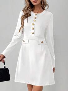 SHEIN Clasi 女士优雅金属纽扣装饰长袖迷你连衣裙，秋冬 - 白色 - 查看 1