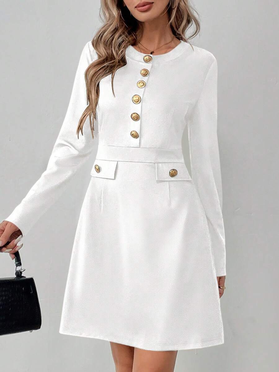 SHEIN Clasi 女士优雅金属纽扣装饰长袖迷你连衣裙，秋冬 - 白色 - 查看 1
