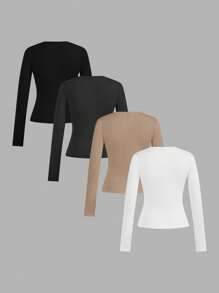 SHEIN EZwear 4-Piece Women's Fitted Long Sleeve Tees, Basic Neutral Colors, Everyday Wear - Multicolor - View 2