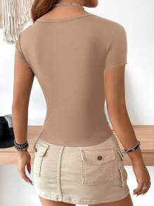 SHEIN EZwear Casual Simple Khaki Color Oversized Round Neck Cap Sleeve Slim Fitted Women T-Shirt, Suitable For Summer