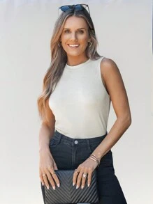 SHEIN LUNE Camiseta sin mangas casual y ajustada para mujeres, en beige