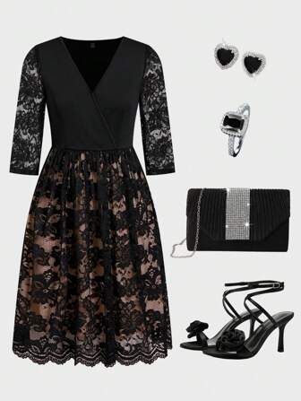 Ellevyn Clasi Women Lace Puff Sleeve Fitted Waist V-Neck Elegant Everyday Mini Dress Valentine's Day Spring Clothes