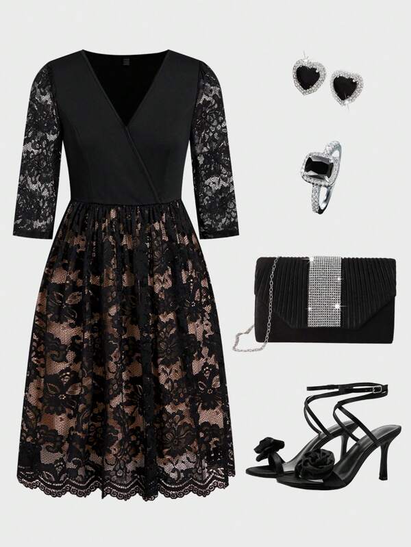 Ellevyn Vestido mini elegante de uso diario con cuello en V, mangas abullonadas de encaje y cintura entallada para mujer, ropa de primavera para el Día de San Valentín