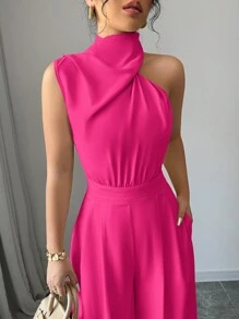 Firerie Women's Apricot Collarless Sleeveless Wide Leg Jumpsuit - Hot Pink - View 7
