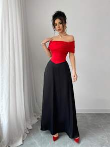 Elenzga Women's Elegant French Carnival/Easter/Valentine's Day Date Party Dress, Red Off Shoulder Color Block Ruffle Fitted Ankle-Length A-Line Gown