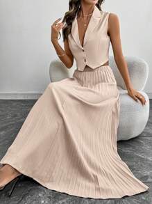 SHEIN Clasi Solid Color Minimalist Sleeveless Vest And Pleated Skirt 2 Pieces Set