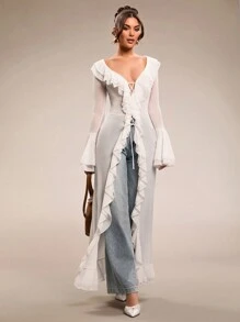 SHEIN BAE Vestido largo envolvente con escote en V profundo, mangas largas y dobladillo con volantes de color blanco puro. Vestido de estilo princesa apto para citas, San Valentín, fiestas, dama de honor, invitada de boda, uso diario, cumpleaños, graduación, vuelta al colegio. - Blanco - Ver 4