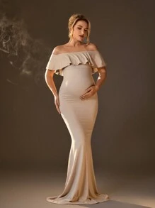 SHEIN One-Shoulder Ruffle Hem Bodycon Mermaid Dress - Apricot - View 4