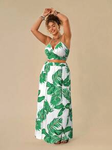 SHEIN VCAY 加上热带印花吊带背心和开叉夏季半身裙 - 白色 - 查看 3