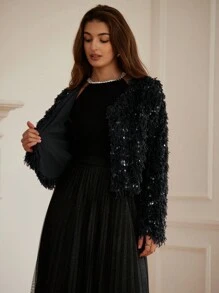 Chiquease 酒红色高端派对精致羽毛和亮片装饰夹克，长袖短外套，适合秋冬季假日派对亮片闪光服装 - 黑色 - 查看 7