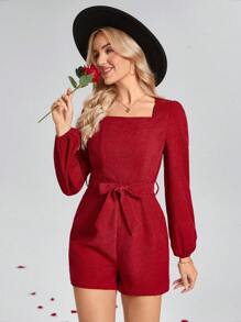SHEIN LUNE Mono casual con cuello cuadrado romántico de color rojo, cintura anudada, para el Día de San Valentín