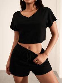 Hanevo 2pcs Women's Solid Color V-Neck Short Sleeve Top And Shorts Casual Suit Sportwear For Daily Wear