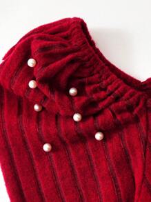 Teen Girl Elegant Knitted Ribbed Square Collar Beaded Long Sleeve Fitted Dress, For Spring & Autumn & Winter - Burgundy - View 5