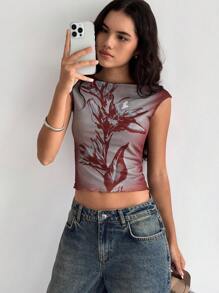 Siren Gaze Summer Casual Floral Print Mesh Crop T-Shirt Christmas Flower Red New Year Vacation Valentine's Day Holiday Resort - Red - View 3