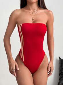 Lunelith SHEIN Lunessa Nowe wiosenno-letnie body bez ramiączek z wysokim rozcięciem i kontrastowym paskiem, sportowe, casualowe, uliczne, damskie