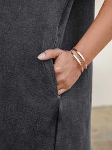 SHEIN LUNE Heavy-Wash Collared Casual Comfortable Pocket-Decor Plus Size T-Shirt Dress Boho Cowgirl Outfit Old Money Festival Bohemian Western Wear Women Hippie Summer Boho Old Money Summer Outfits For Women Spring Break Rave Outfits Festival Spring Break Outfits Cotton