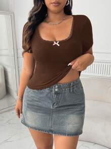 SHEIN EZwear 大码女式休闲蕾丝边蝴蝶结装饰夏季 T 恤 - 棕色 - 查看 3