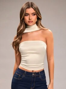 SHEIN x Lina SHEIN BAE Women's Solid Color Bandeau Minimalist Fitted Top, Casual Everyday Wear - Apricot - View 4