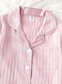 2pcs/Set Little Girls Casual Striped Short Sleeve Cardigan & Ruffle Hem Shorts Set, Loungewear - Pink - View 4